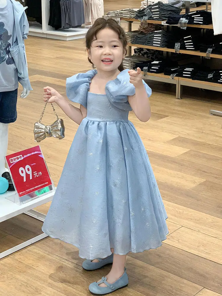 Abbigliamento per bambini 2024 estate corea nuovo dolce elegante manica a bolle vestito da principessa ragazze vestito di compleanno azzurro