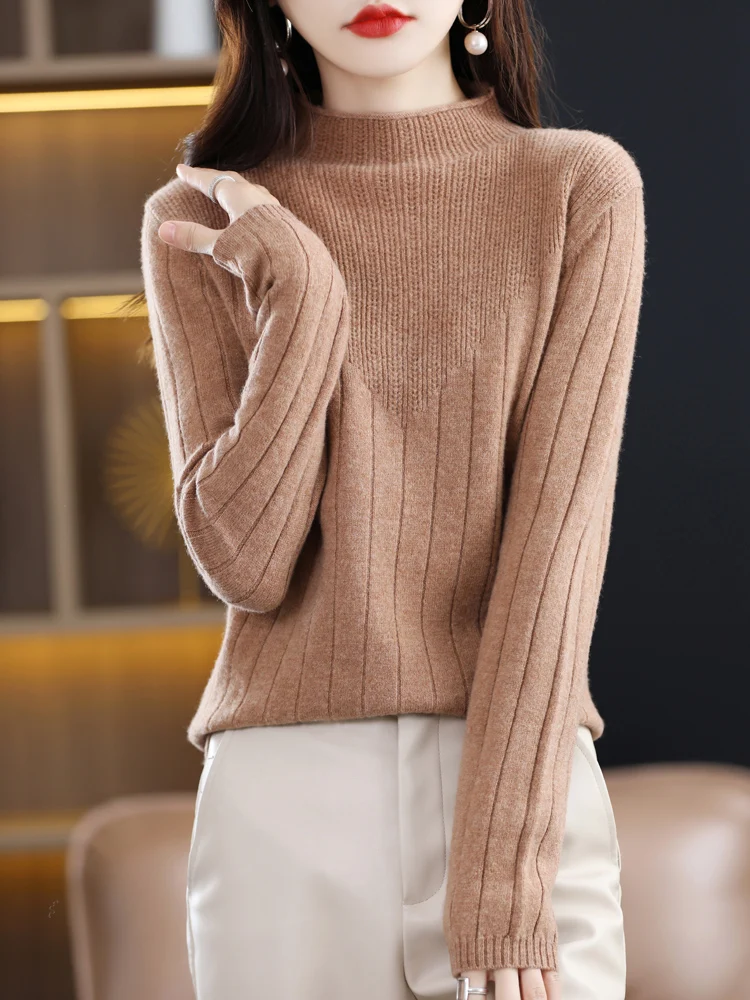 100% Pure Wool Women Sweaters Soft Warm Half-high Collar Casual Pullovers Spring Autumn Female Long Sleeve High Quanlity Jumper