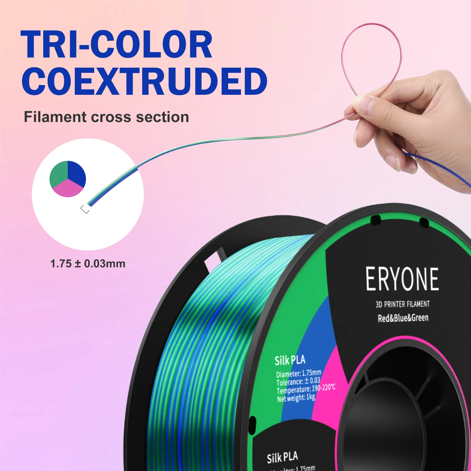 ERYONE-filamento PLA de seda tricolor para impresión 3D, 1,75mm, 1KG, alta calidad, novedad, envío rápido gratis