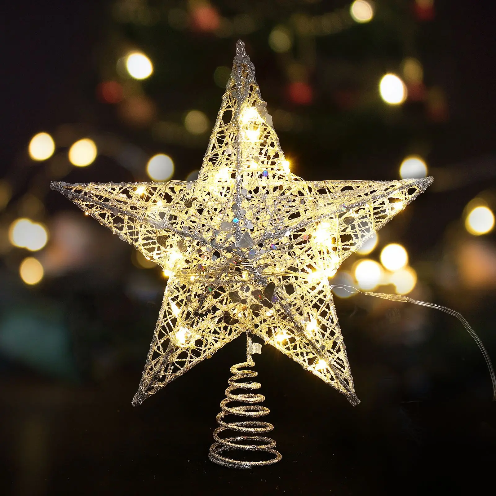 Iron Glitter Powder Christmas Tree Topper Star with LED Copper Wire Lights Merry Christmas Tree Decor for Home Navidad Ornaments