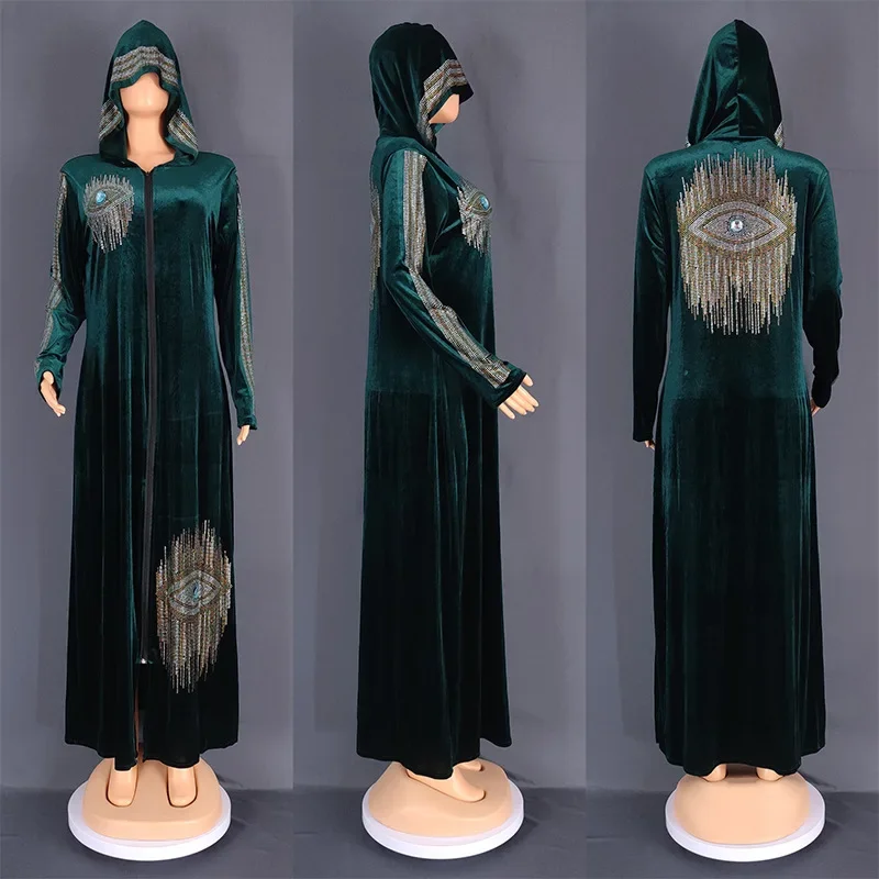 Long Sleeved Hooded Muslim Dress Velvet Diamond Clothing for Women Dubai Abayas Casual Korean Style Kaftan Evening Dress Abayas