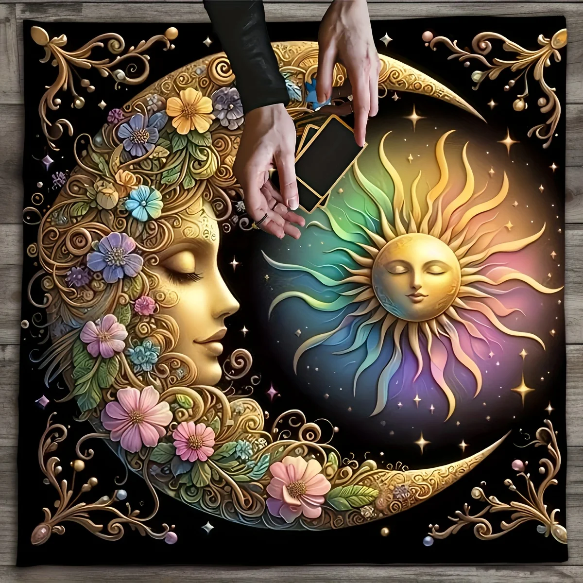 VIKAMA Sun and Moon Tarot Magic Tablecloth Gold Thread Divination Ceremony Metaphysical Salon Boho Decoration