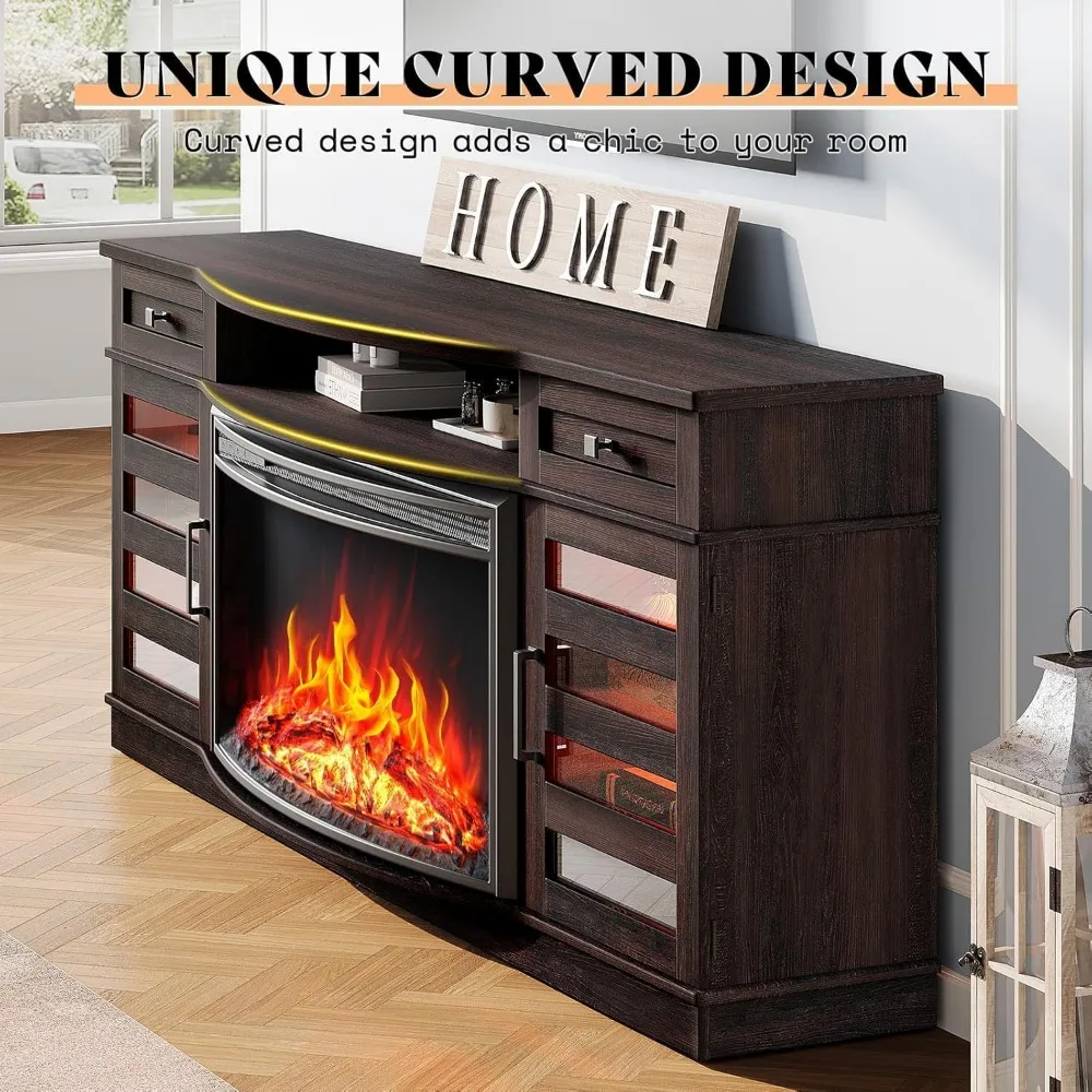 حامل تلفزيون كهربائي على طراز المزرعة مقاس 70 بوصة مع شاشة منحنية 36 LED ودرجين ورفوف قابلة للتعديل #3