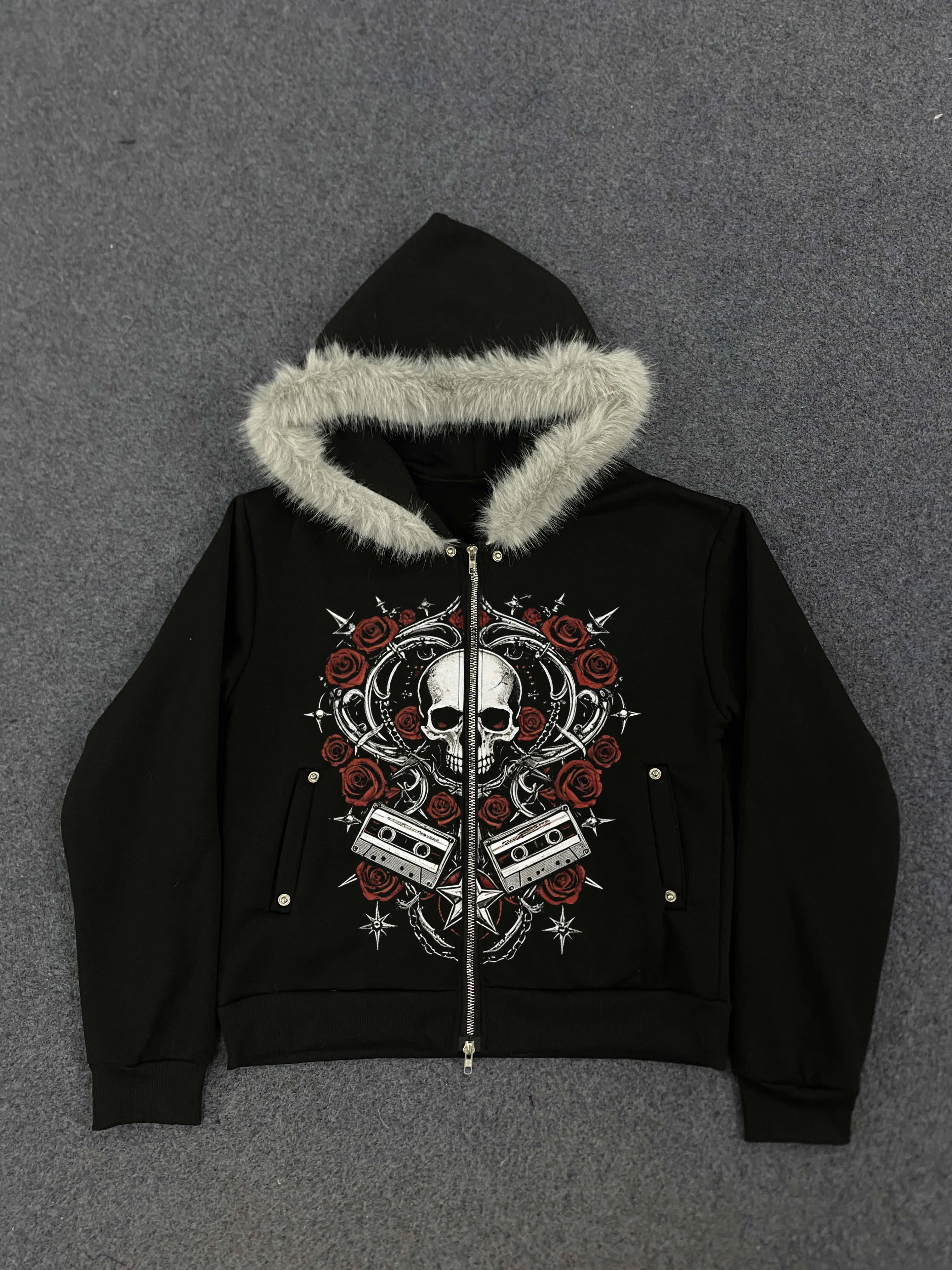 

Women's Gothic Skull Graphic Hoodie - Faux Fur Trim Zip-Up Jacket Rose & Cassette Print Punk Streetwear Autumn Warm Outerwear