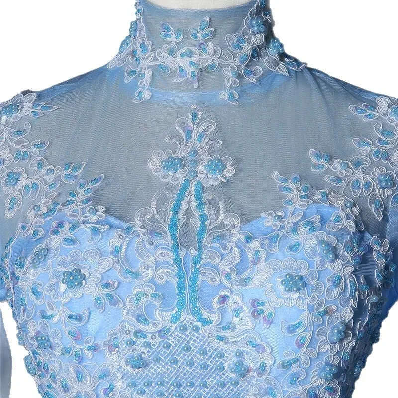 الفرنسية الأزرق غزل ملون جديد طويل الأكمام الدانتيل حبة التطريز أنيقة وعصرية مأدبة مساء اللباس مخصص