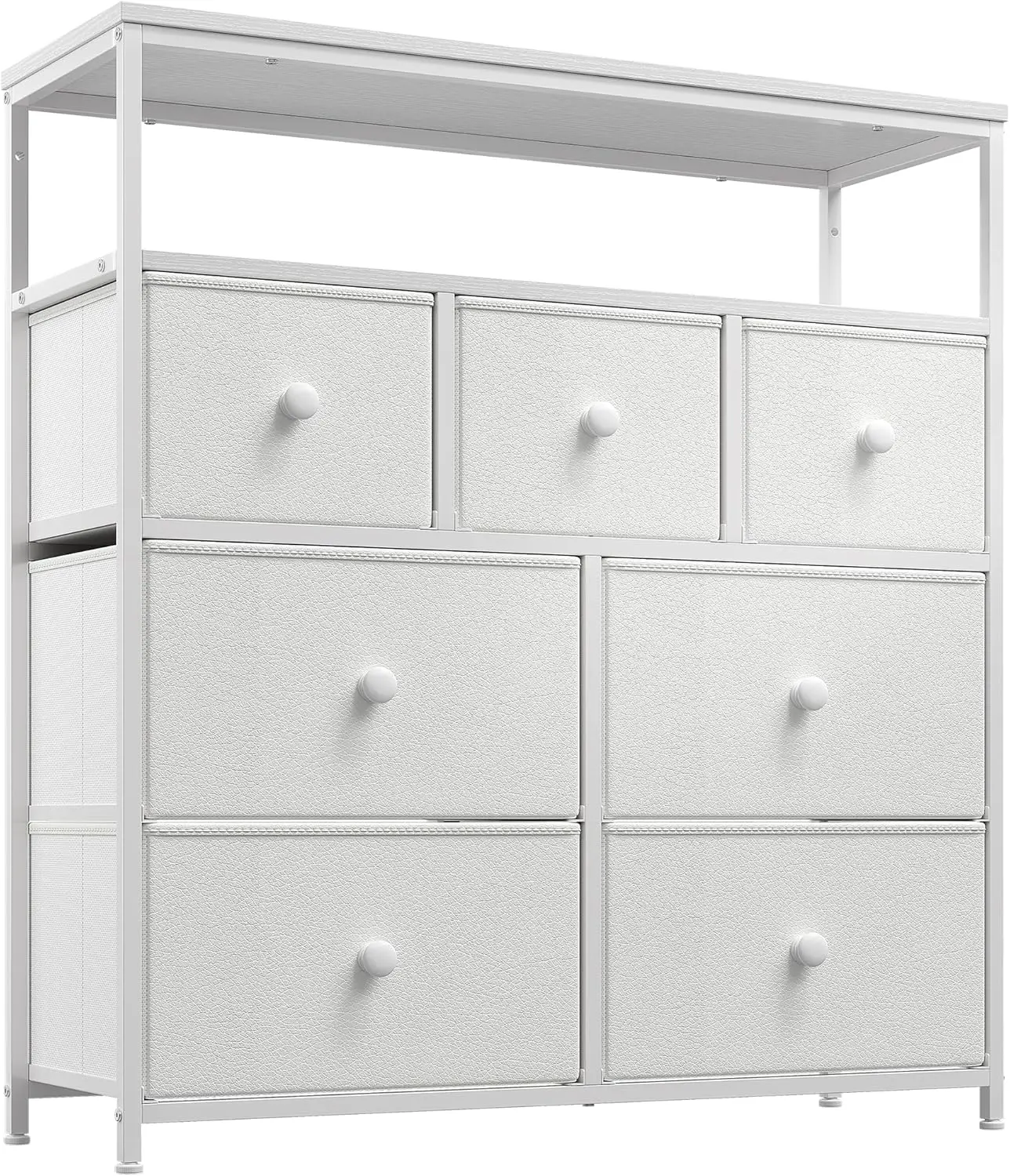 White cabinet, bedroom cabinet with 7 storage drawers, cute bedroom cabinet, bedroom cabinet with wooden roof and metal frame,