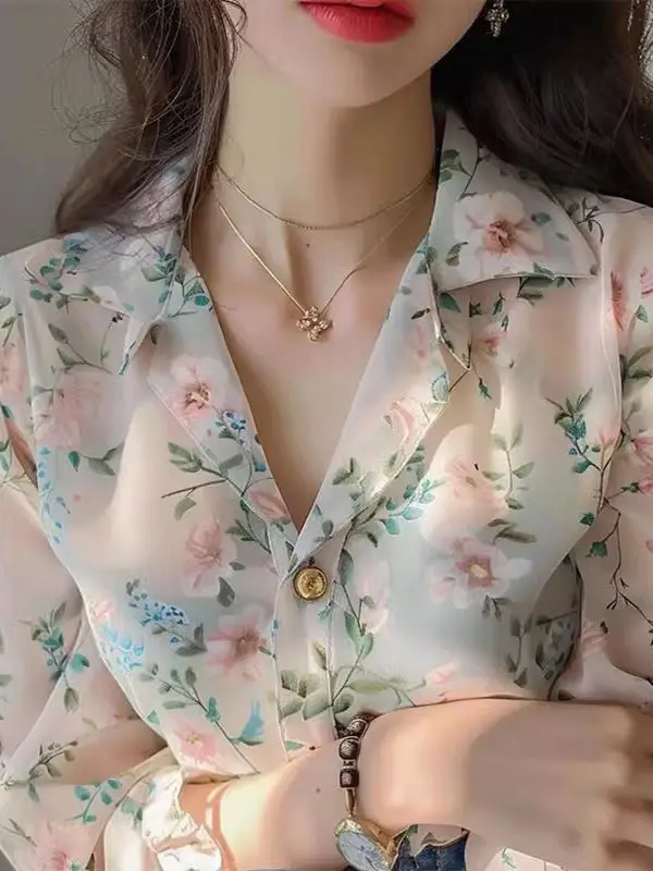 Elegant Pink Floral Print Chiffon Shirt Women's Fashionable High-End Spring Autumn New Style Korean Loose Fit Long Sleeve