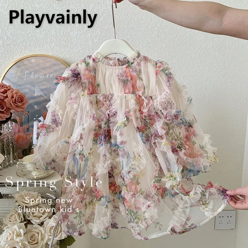 New Spring Autumn Dress O-neck Long Puff Sleeves Mesh Loose Floral Appliques Princess Dresses Children  Casual Dresses H3100