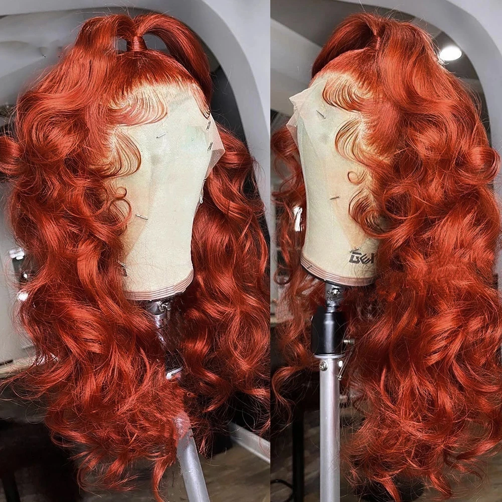 

Cwigs 13x4 Synthetic Front Lace Wig Rust Red Curly Half Tied Ponytail Design Heat Resistant Wig Cross Dressing Queen Cosplay