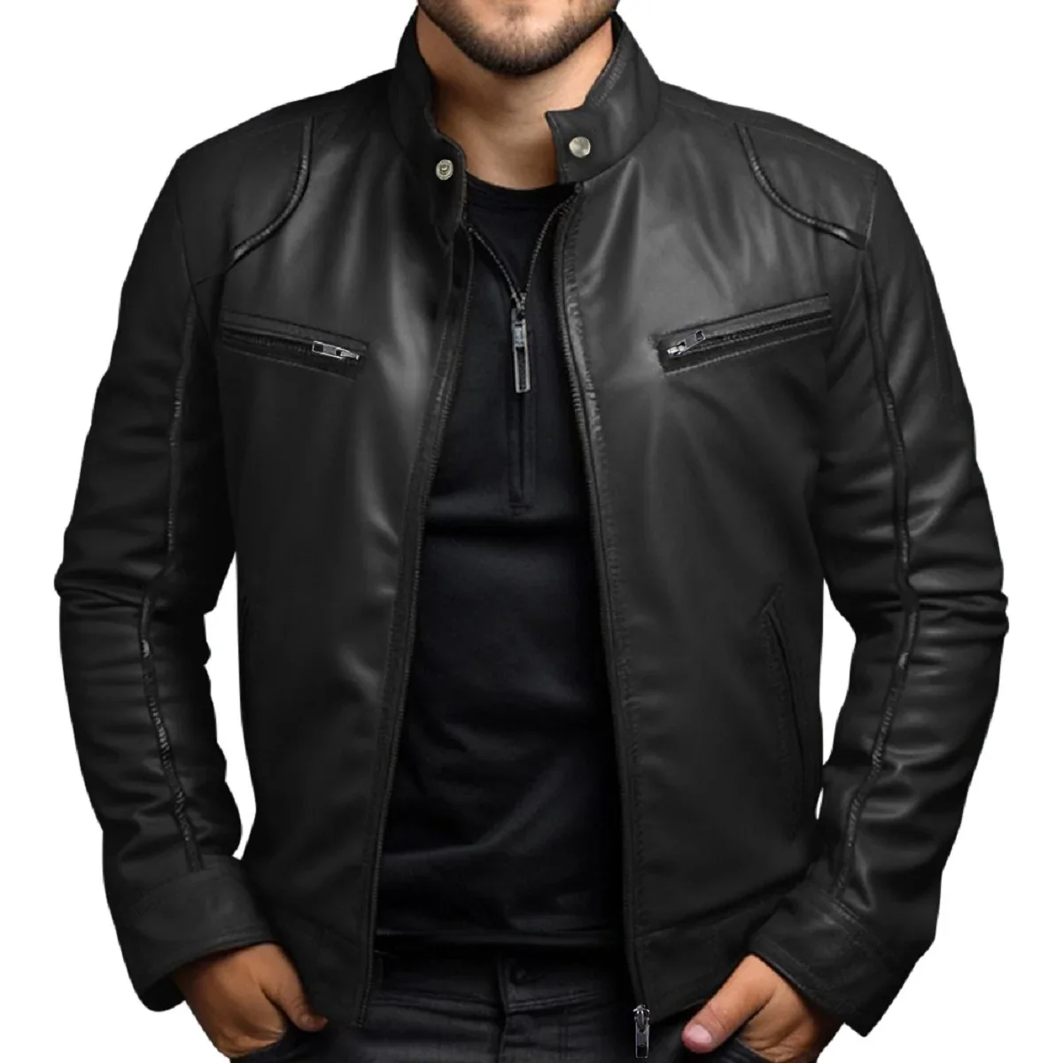 Men's Biker Leather Jacket Stand-up Collar Punk Leather Jacket Men