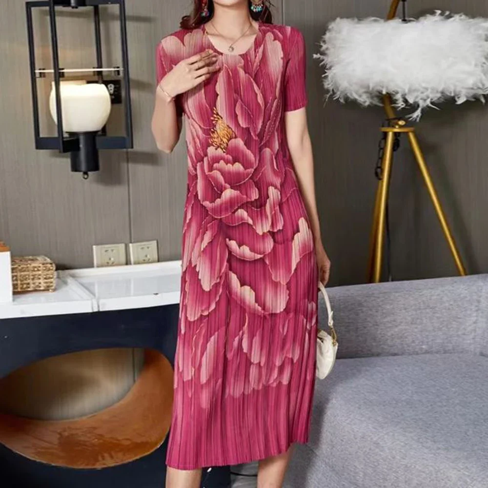 

Летнее платье для среднего и пожилого возраста. Шелковые плиссированные тонкие, средней длины, оверсайз, свободные эластичные платья LOOSE FIT.