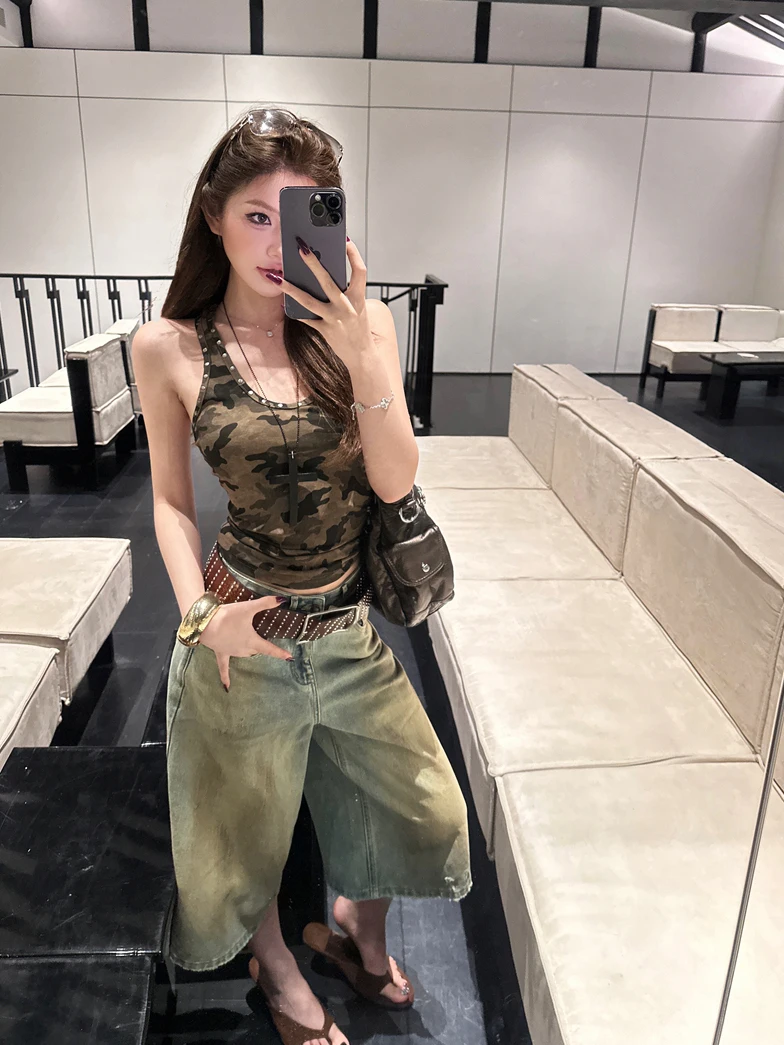 

Sexy Camouflage Strap Vest And High Waist Wide Leg Pants Two Piece Set for Women Summer Fashion Outfit Hot Trend Kumikumi
