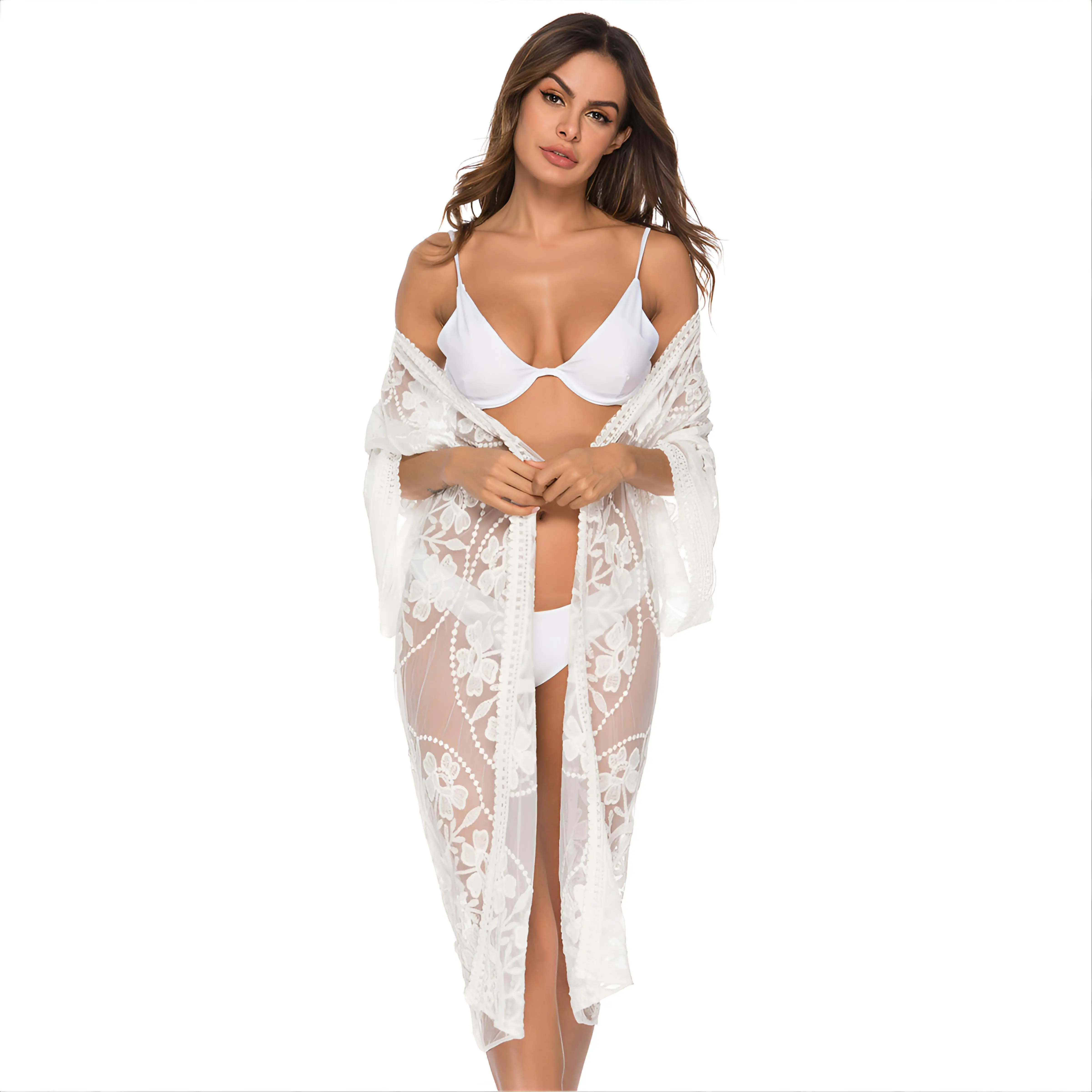 Copricostume per donna da spiaggia Donna Casual Ruffles Girocollo Abbastanza anti-sole Ropa Jacquard Punti brasiliani Gru multicolore stampata