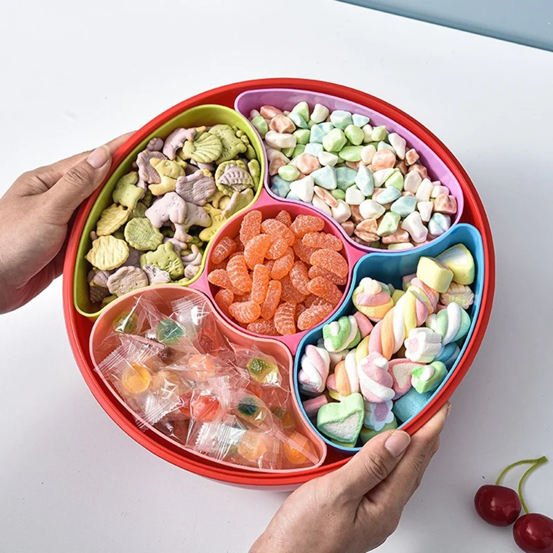 Bandeja redonda para aperitivos y frutas con forma de flor, contenedor dividido para aperitivos y frutas secas, caja de dulces con compartimentos de plástico