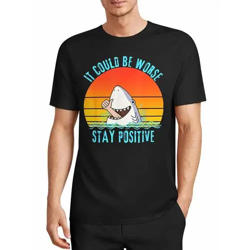 The Retro Sunset Creates a Relaxed Atmosphere, and the Absurd Image of Biting Hands and Thumbs-Up Gestures Alleviate Life Anxiety, While a Single Phrase Conveys the Unique Self-Comfort of Adults. Loose-Fitting Short-Sleeved Top with Black Background