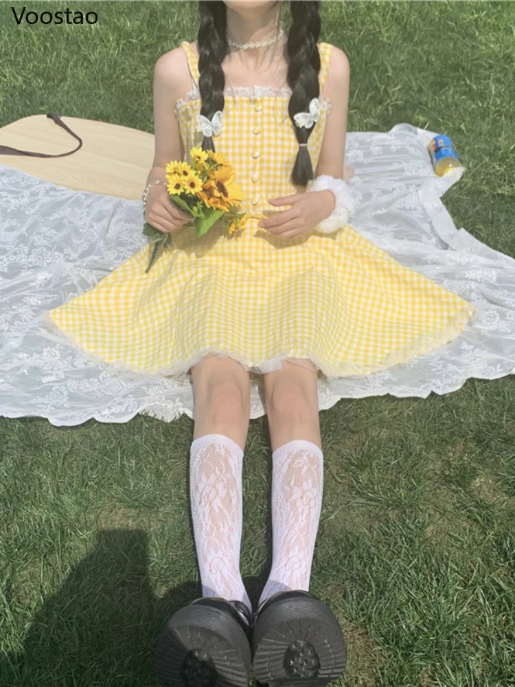 Japanese Sweet Cute Lolita Strap Dress Summer Women Kawaii Lace Yellow Plaid Mini Dresses Girly Harajuku Chic Holiday Vestidos