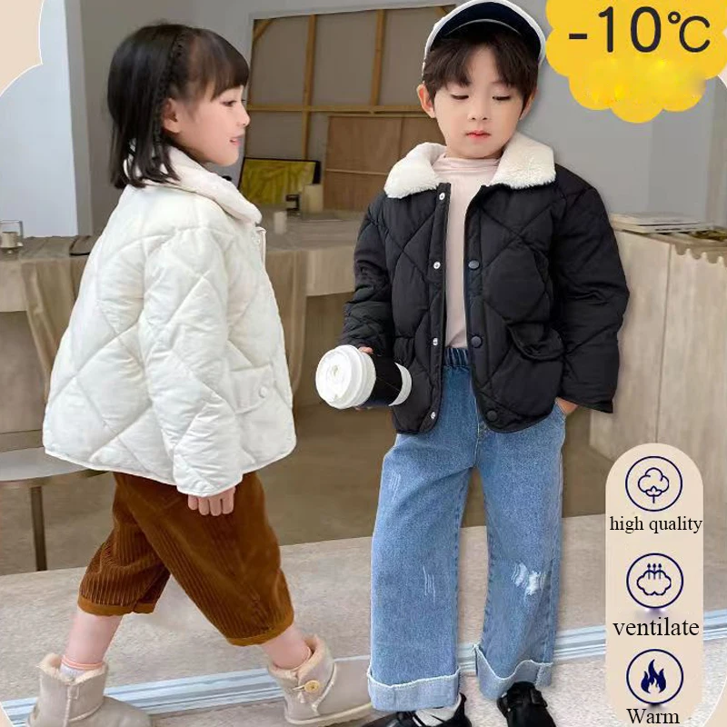 

2025 хлопковое пальто, осенне-зимнее плюшевое теплое пальто для мальчиков и девочек с меховым воротником в иностранном стиле, повседневная свободная пуховая куртка, модная детская одежда