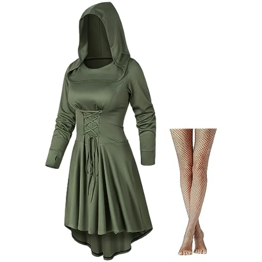 

Womens Base Vintage High Low Pullover Medieval Hooded Robe Cloak Dress Costumes Cosplay Net Leggings Set