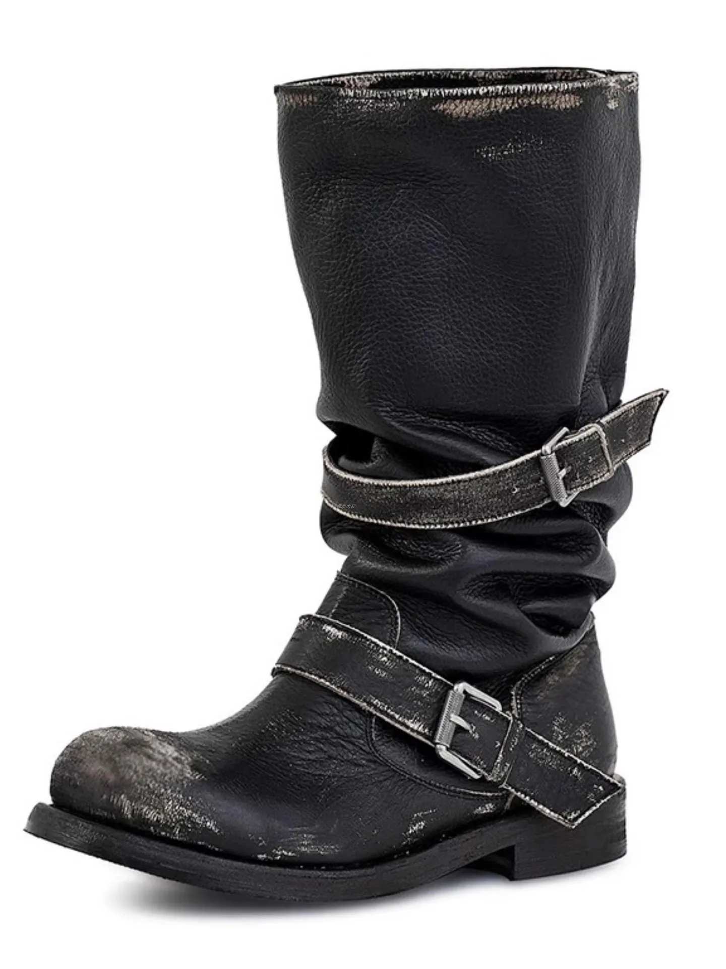 Women's Oxhide Distressed Slouchy Boots Double Buckle Strap Mid Calf Vintage Style Chunky Heel Edgy Fashion Ladies Ankle Boots