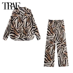 TRAF Elegancki zestaw spodni dla kobiet 2-częściowe zestawy spodni 2024 Wiosna Jesień Leopard Oversize Shirt Baggy Pants Women Outfit