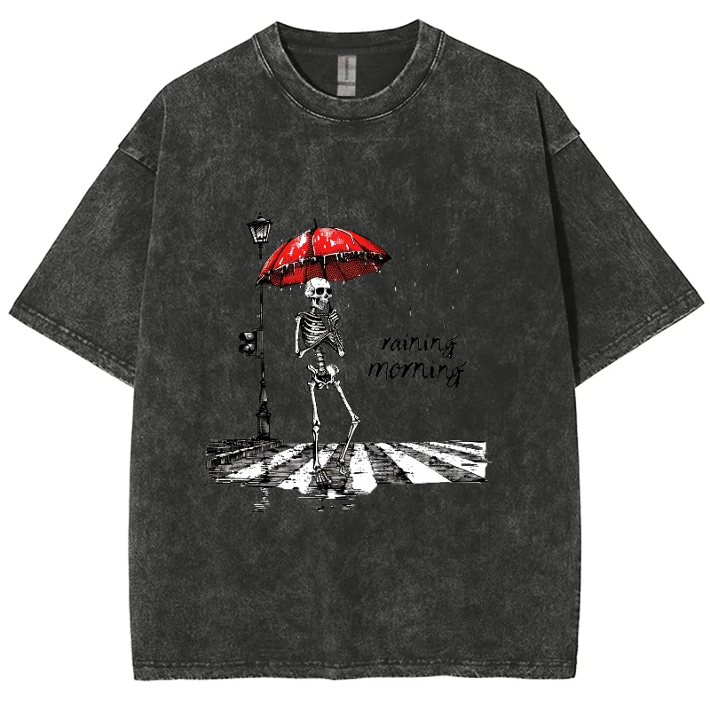 

Casual Simple Style Skeleton Umbrella Print Women's T-Shirt Washed Faux Denim Cotton Oversized Short-Sleeved Unisex Fashion Top