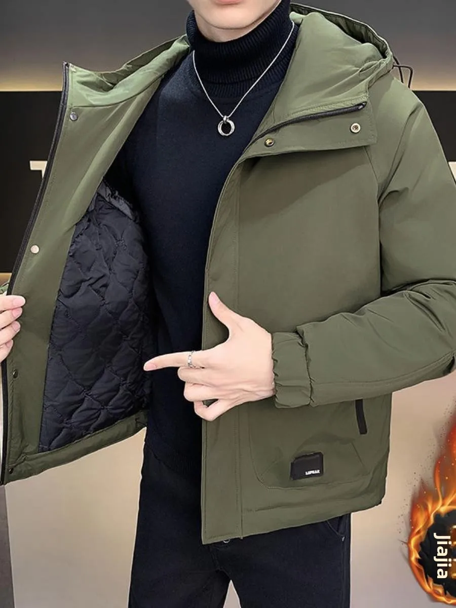 

Утепленная хлопковая куртка для мужчин: повседневная зимняя куртка с капюшоном, теплая, стильная, с длинными рукавами, на двойной пуговице, стандартный крой, удлиненная.