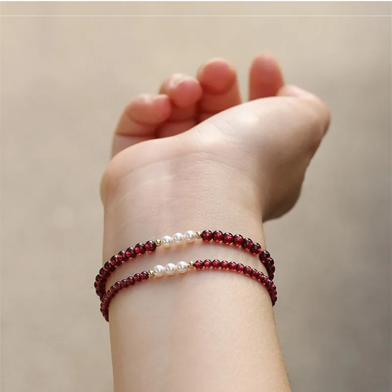 Minar Wholesale Red Color Natural Stone Garnet Freshwater Pearl Strand Bracelets Women's 14K Real Gold Plated Copper Accessories