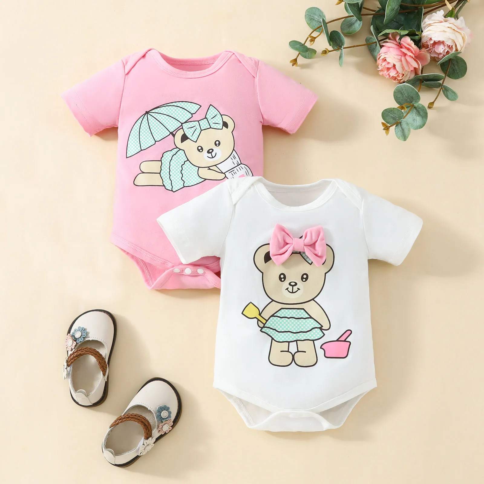 Summer Holiday Beach Baby Clothes For Girls 2024 Cartoon Bear Baby Romper Bodysuit 2pcs Newborn Beach Clothing Girls 3 6 12 18M