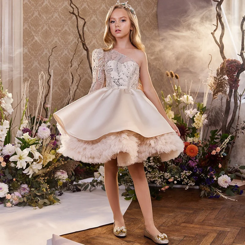 2026 New Kids Gown Princess Sequin Dress One Shoulder Bow  Formal Party Celebration Costume Puffy Skirt Patchwork Children Girls