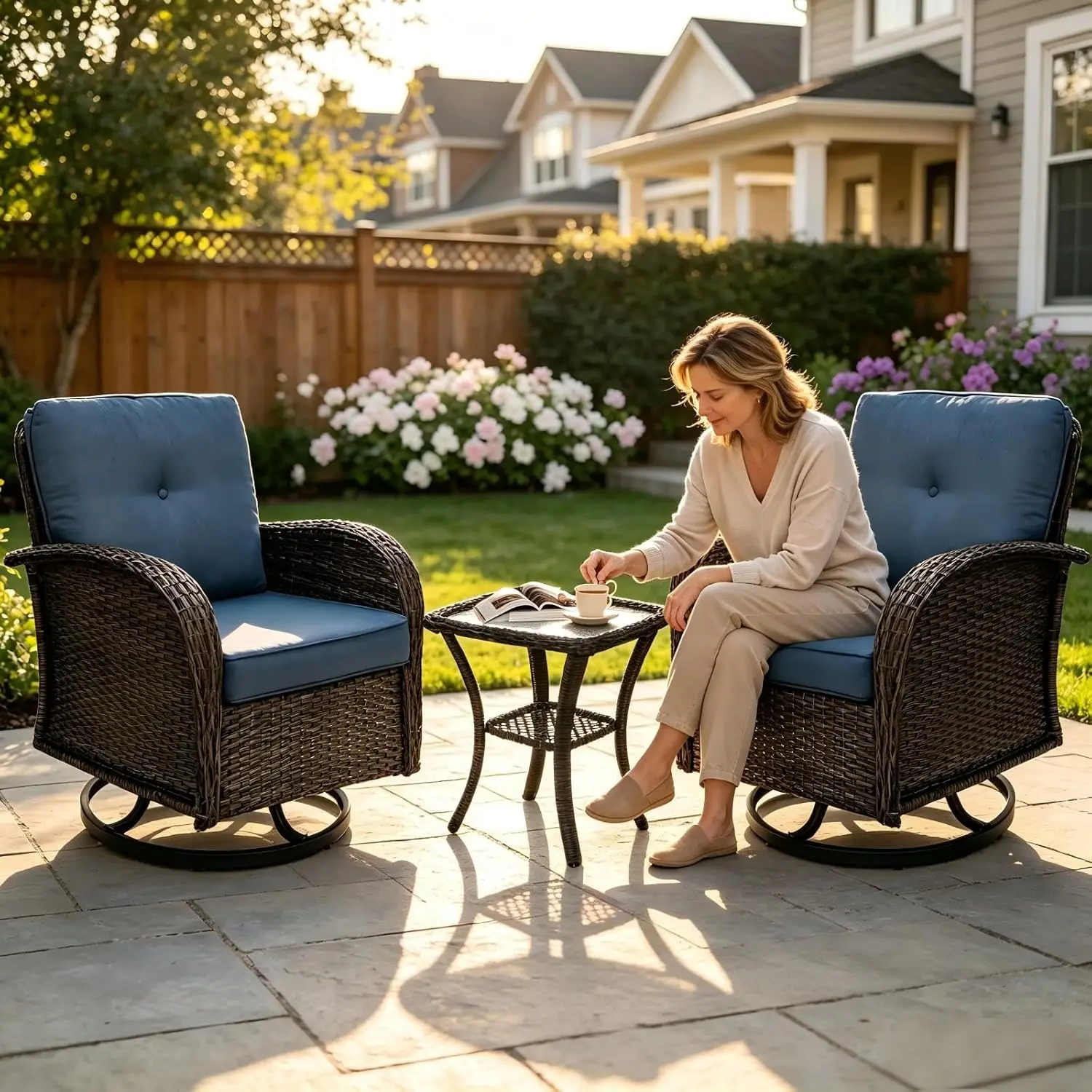 3 Piece Outdoor Swivel Rocker Chair Set, All-Weather Wicker with Side Table for Garden Backyard Deck, Gray Blue, Customized