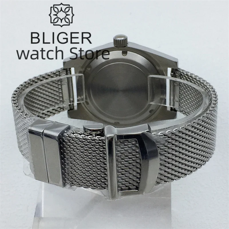 BLIGER 38 مللي متر عادي الزجاج ساعة كلاسيكية حافظة شبكة من الاستانلس استيل حزام صالح اليابان NH35 NH36 ETA2824 PT5000 الحركة التلقائية
