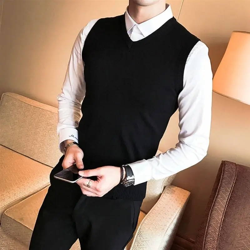 

Knit Sweater Male Solid Color Plain Sleeveless Men's Clothing Waistcoat Business V Neck Vest Maletry Winter 2024 Tops Sheap A X