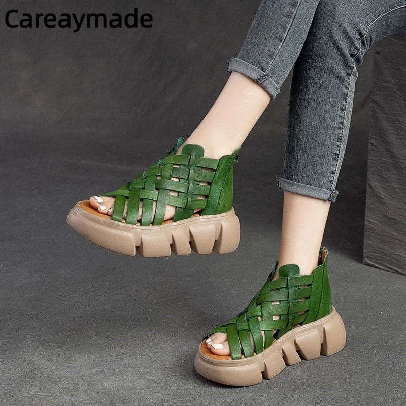 

Careaymade-Summer Thick Soled Hollow-out Sandals Women 2026 New Genuine Leather Woven Peep Toe Comfortable Platform Rome Shoes
