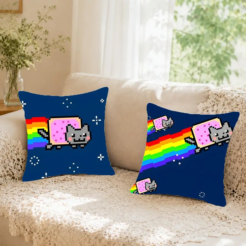 Playful Animation N-Nyan Cat Cushion Cover Faux fur decorative Dark academia style Cat scratching post Rustic Spa pillow cover