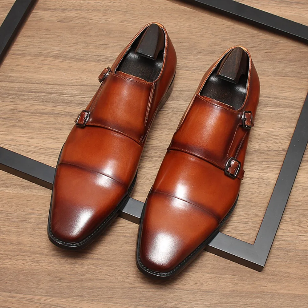 Classic Retro Dress Men's Monk Leather Shoes with Square Toe Double Button Business Office Wedding Comfortable Men Oxfords Shoe