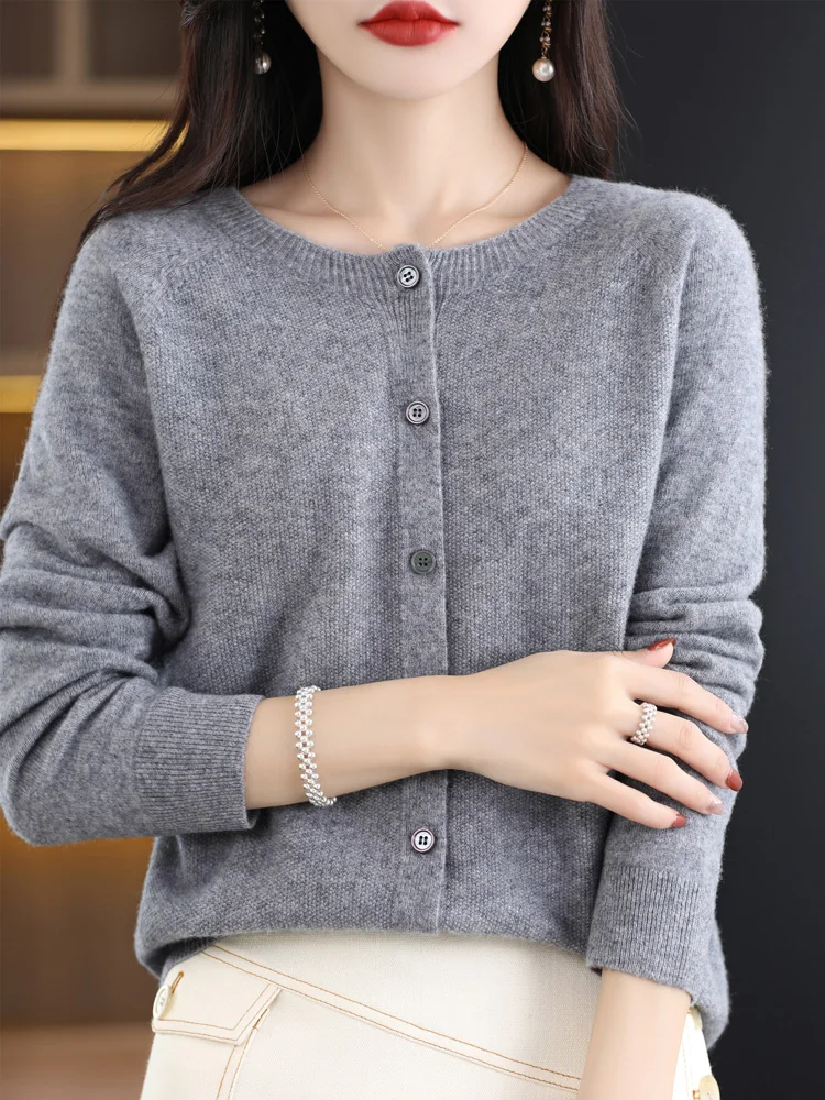 Long Sleeve 100% Merino Wool Sweaters Spring Autumn Women O-Neck Knitwear Tops Clothing Fashion Basic Tops