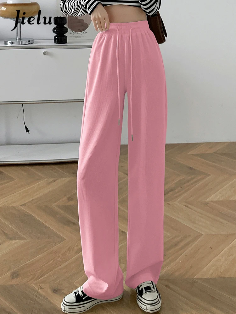 

Jielur Solid Color Loose Straight Women's Wide Leg Pants Drawstring High Waist Full Length Streetwear Summer New Casual Pants