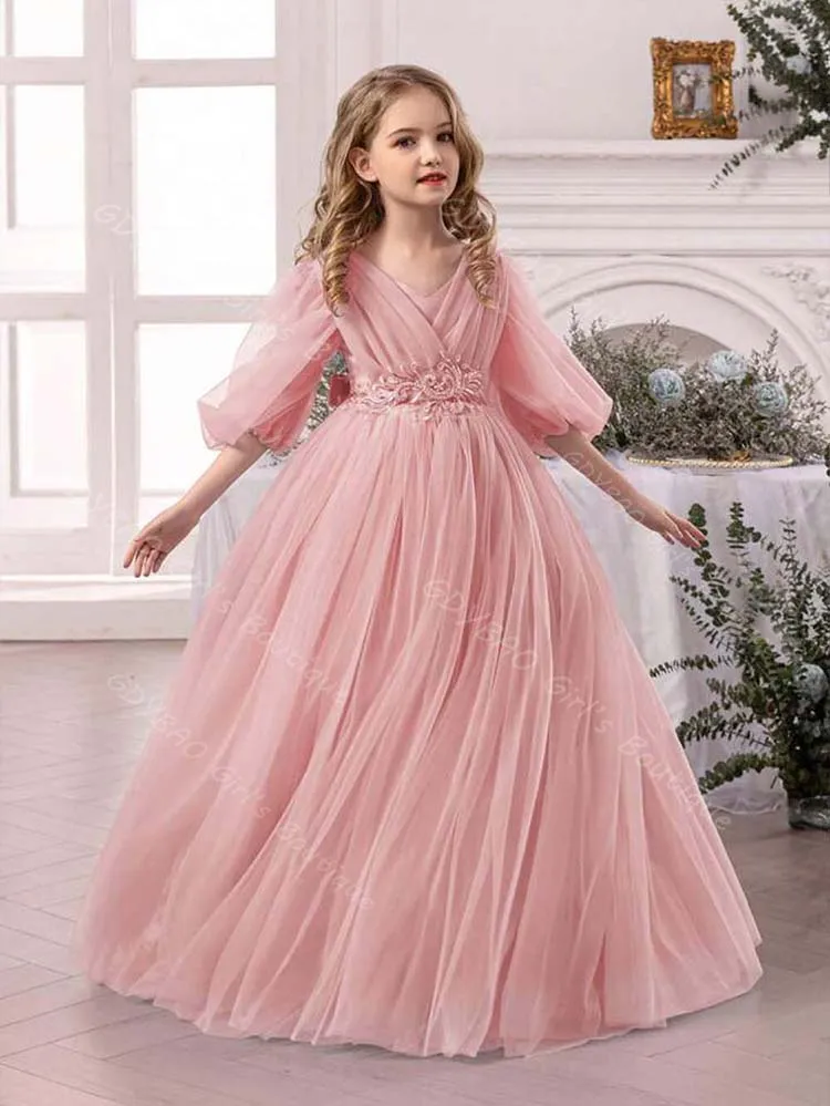 فستان فتاة الزهور الوردي المغبر لحفلات الزفاف مطرز تول مزدوج الخامس الرقبة بالون كم مخصص للأطفال فستان الأميرة المسابقة