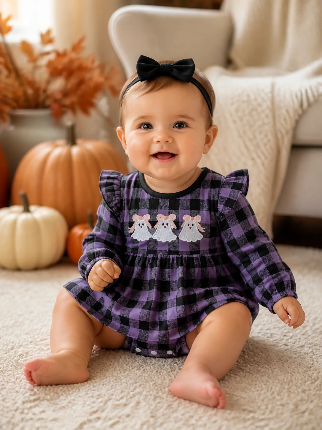 Halloween Infant Outfit Soft Cotton Purple Black Gingham Romper Dress Flutter Sleeve Bow Ghost Applique Long Sleeve Jumpsuit