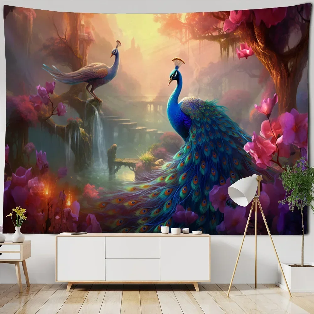 Landscape oil painting tapestry forest, peacock, castle, dreamy wall hanging cloth, starry sky sunrise, home art decoration