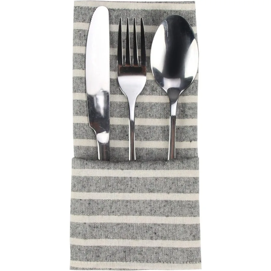 طقم مناديل قماش عشاء مخططة واسعة من القطن مقاس 12 40 × 30 سم للمناسبات والاستخدام المنزلي (أسود)