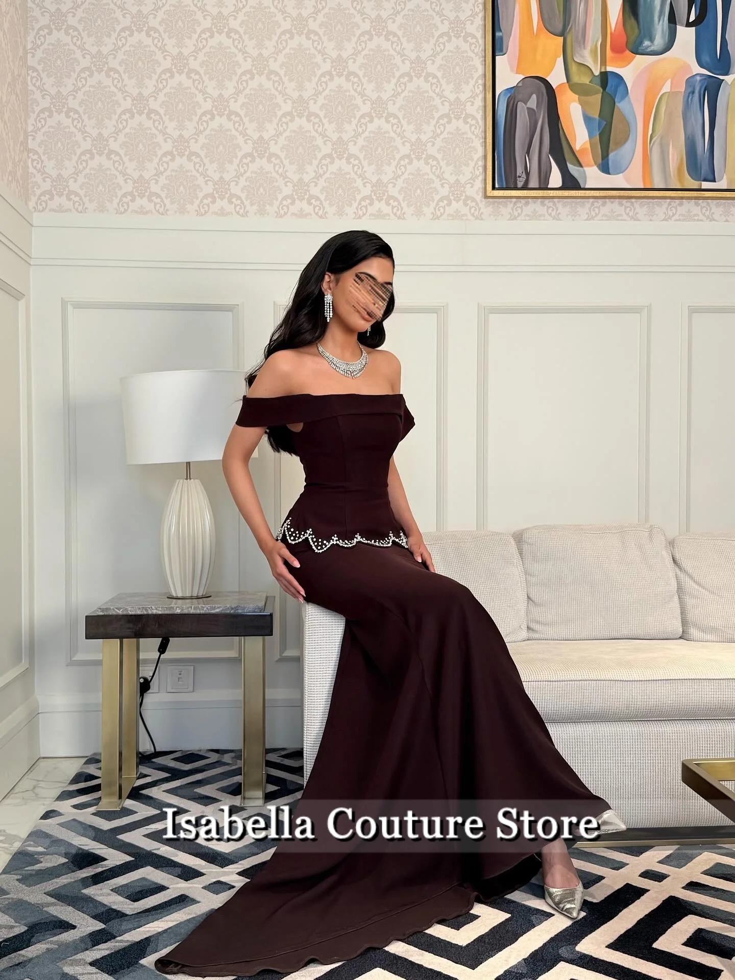 Nouveau élégant dubaï élégant sirène Court Train robe de bal Peplum brillant perles hors de l'épaule dos nu robe de soirée 2025