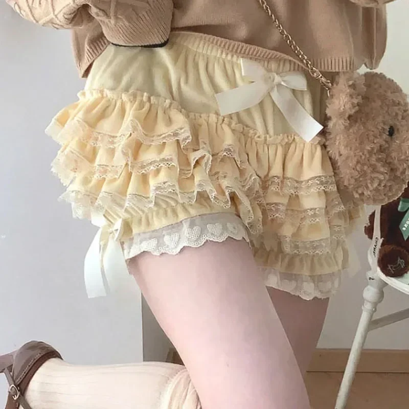 Autumn Winter Warm Lolita Safety Short Pants Women Sweet Chic Plush Bloomers Japanese Y2k Lace Bow Knickers Harajuku Cute Shorts