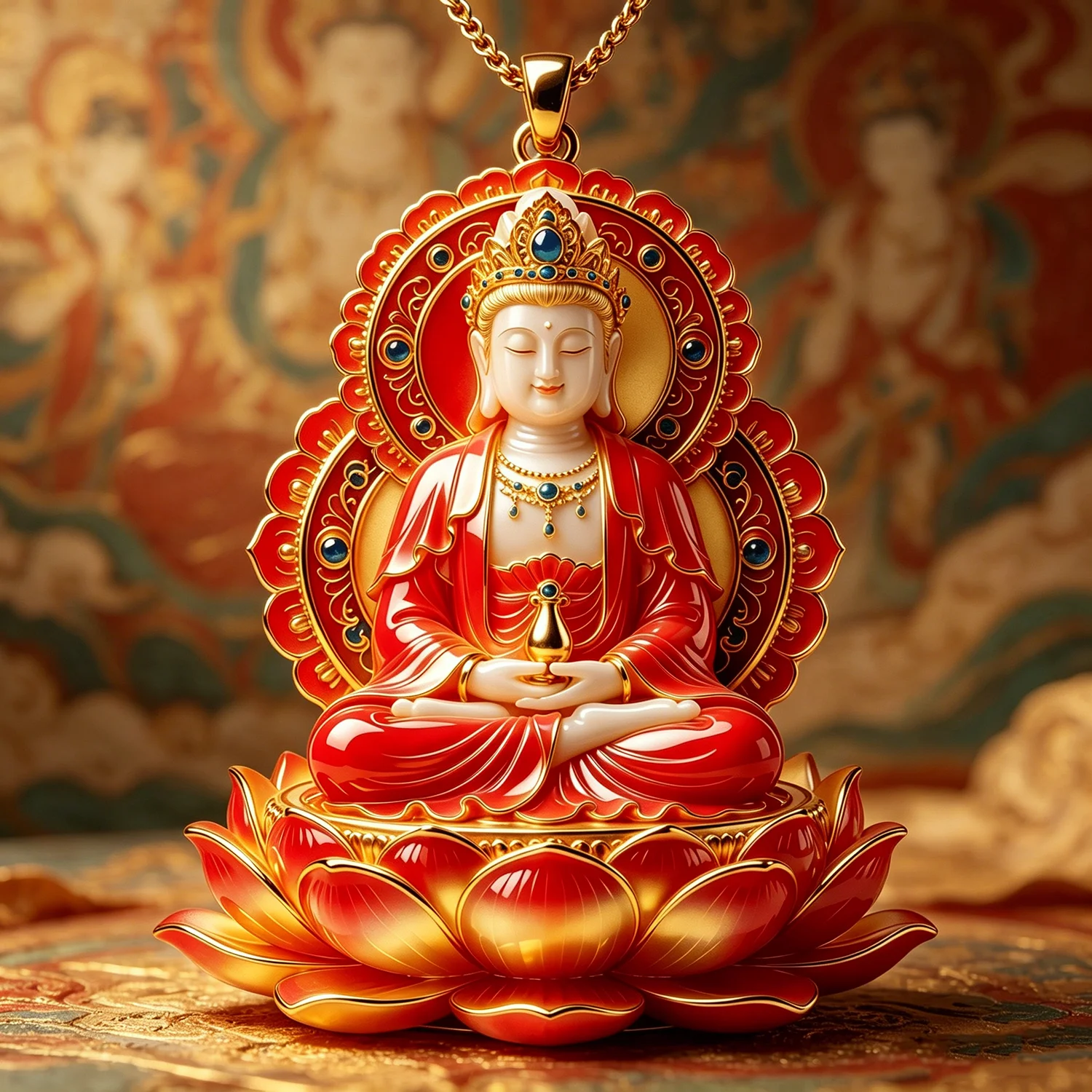 3D Embossed Guanyin Bodhisattva Pendant Necklace Red Enamel Gold Lotus Buddha Culture Meaningful Jewelry Gift For Men Women