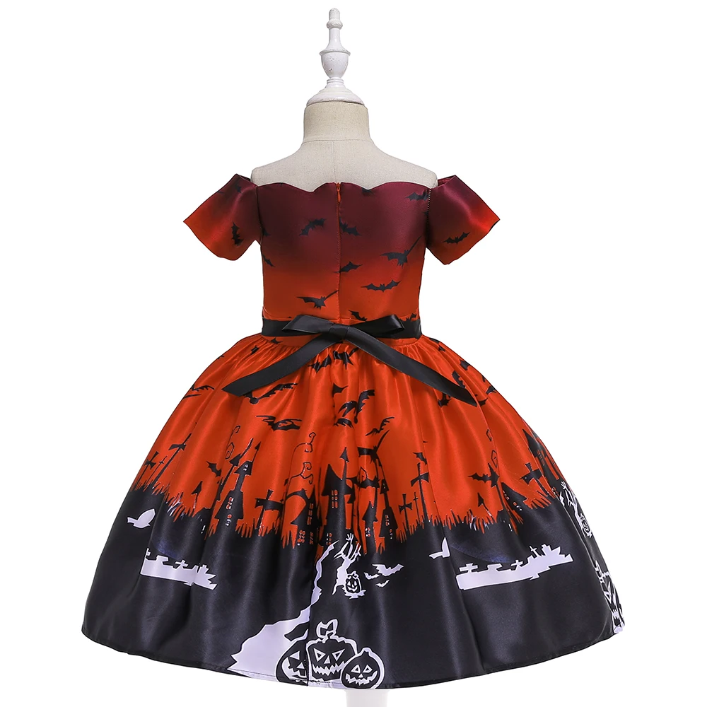 Halloween Pumpkin Bat Printed Costumes for Girl Carnival Cosplay Ghost Bow Birthday Party Dress Gothic Evening Prom Kids Clothes