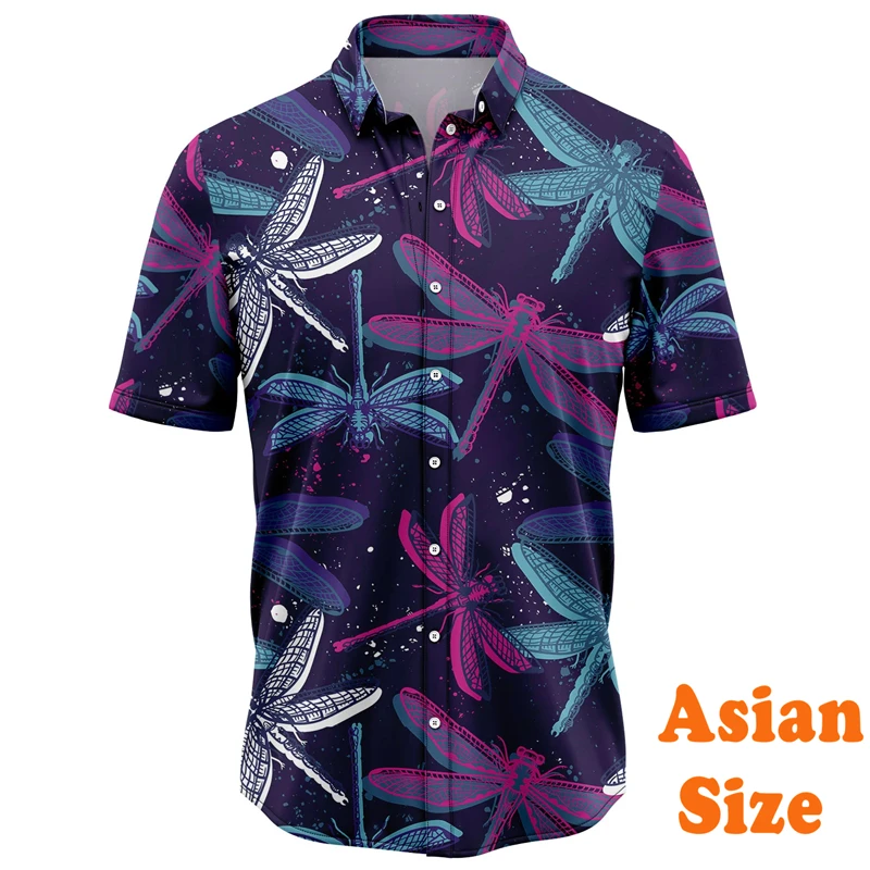 Colorful Dragonfly Hawaii Shirt For Men's Clothing Outdoor Casual Fashion Shirts Trend Streetwear Man Lapel Short Sleeve Blouse