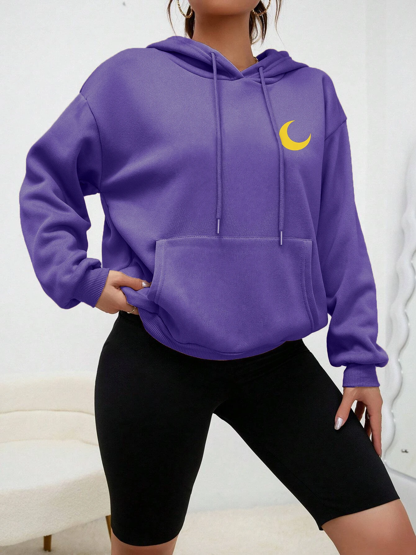 Creative Moon Print Hoodies Women Simple Autumn Sweatshirt Casual Multicolor Pullovers Fleece Hip Hop Clothing