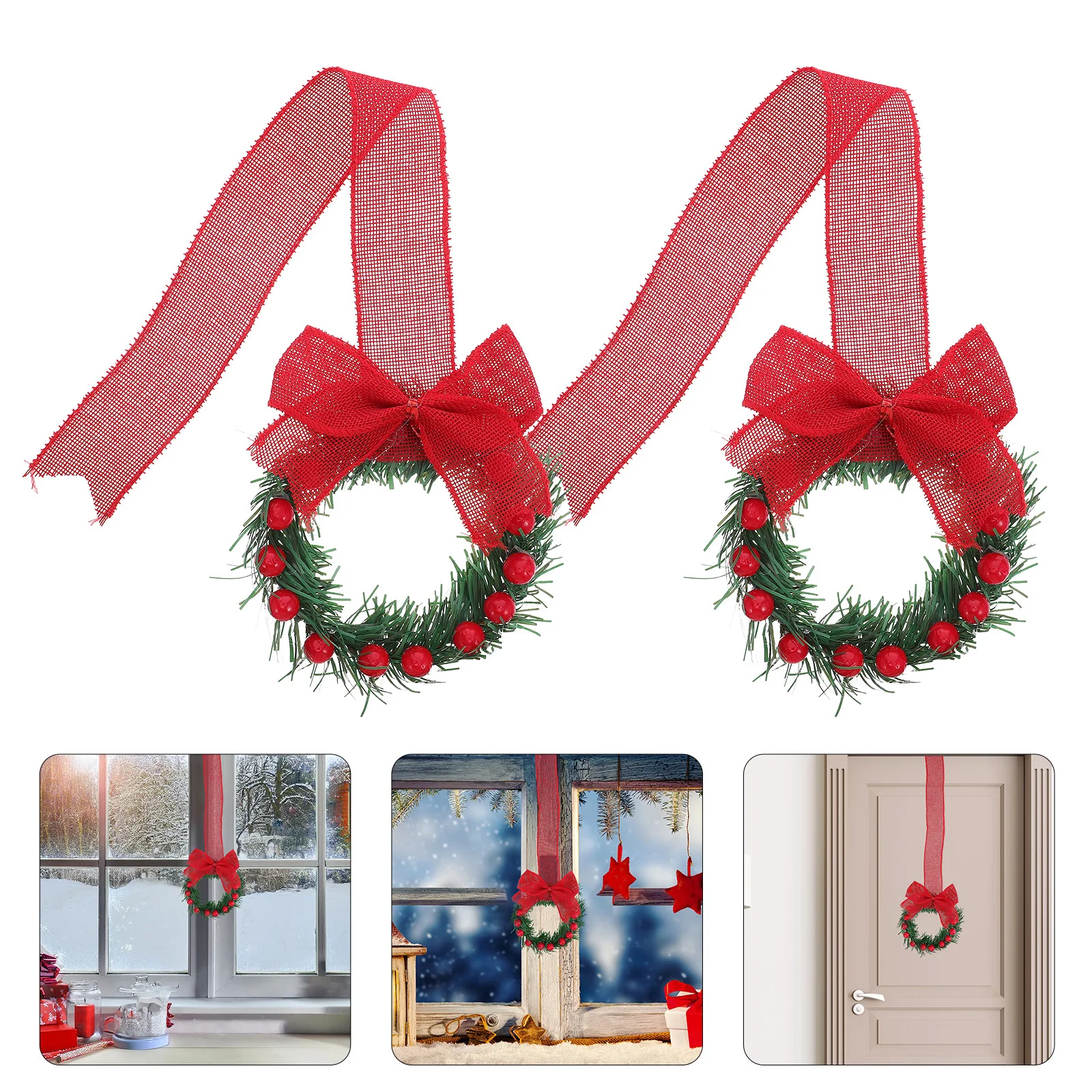 

4Pcs Large Artificial Christmas Wreath Red Ribbon Bow Hanging Garland Front Door Indoor Use Festive Holiday Decor