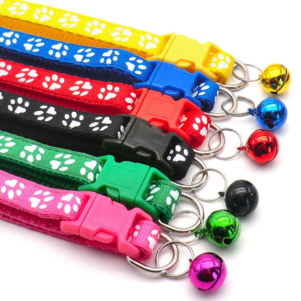 1Pc Pet Cat Bell Collar Cat Paw Print Adjustable Buckle Cat Necklace Pet Bell Dog Cat Accessories 12 Colors Pet Products