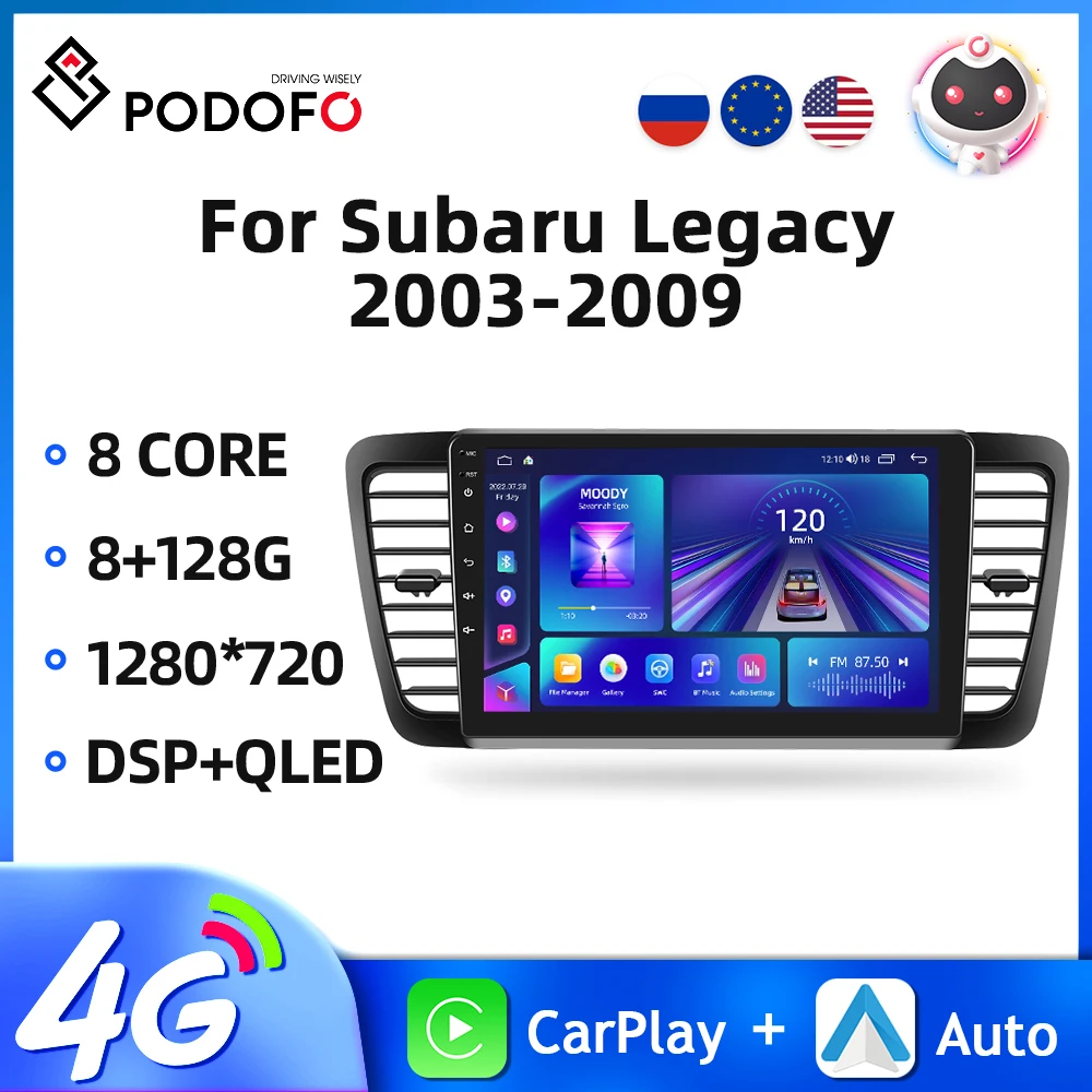 Podofo Android 2din Car Radio For Subaru Legacy 2003-2009 Multimedia Video Player GPS Navigation AI Voice 4G Carplay Autoradio